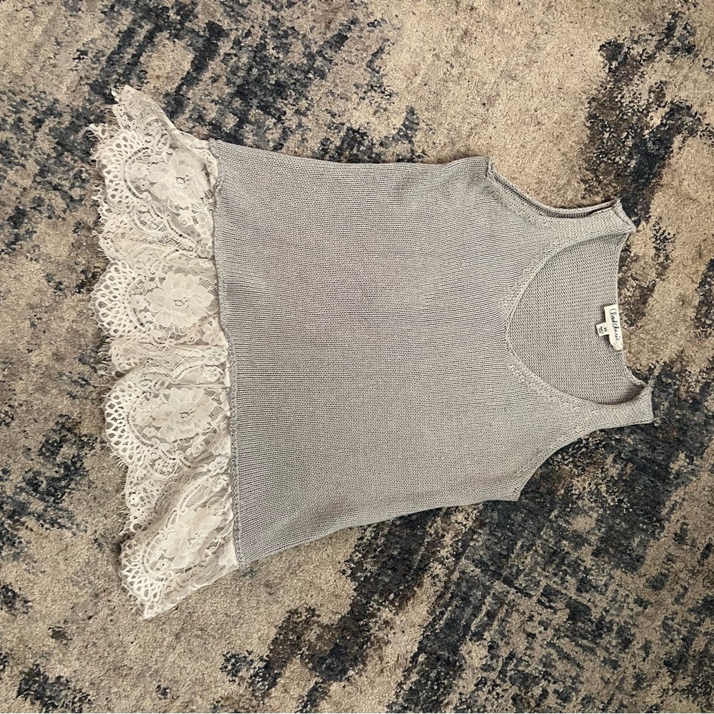 Gray Sleeveless Top with Lace Hem
